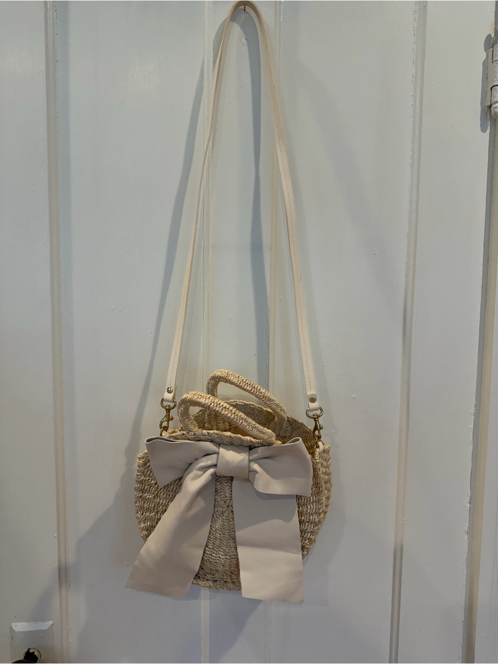 Clare V. Straw & Leather Crossbody Bag with Cream Bow